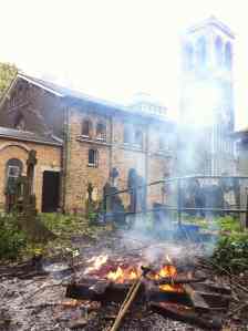 Fire in churchyard