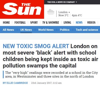 Sun web page screengrab London smog alert children kept inside.