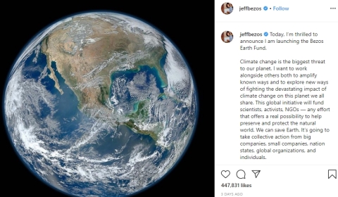 Jeff Bezos Instagram post announcing Earth Fund
